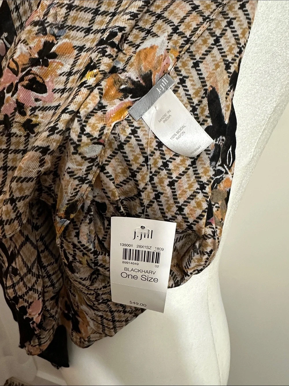 J. Jill Black Floral & Tan Plaid Lightweight Wrap Scarf